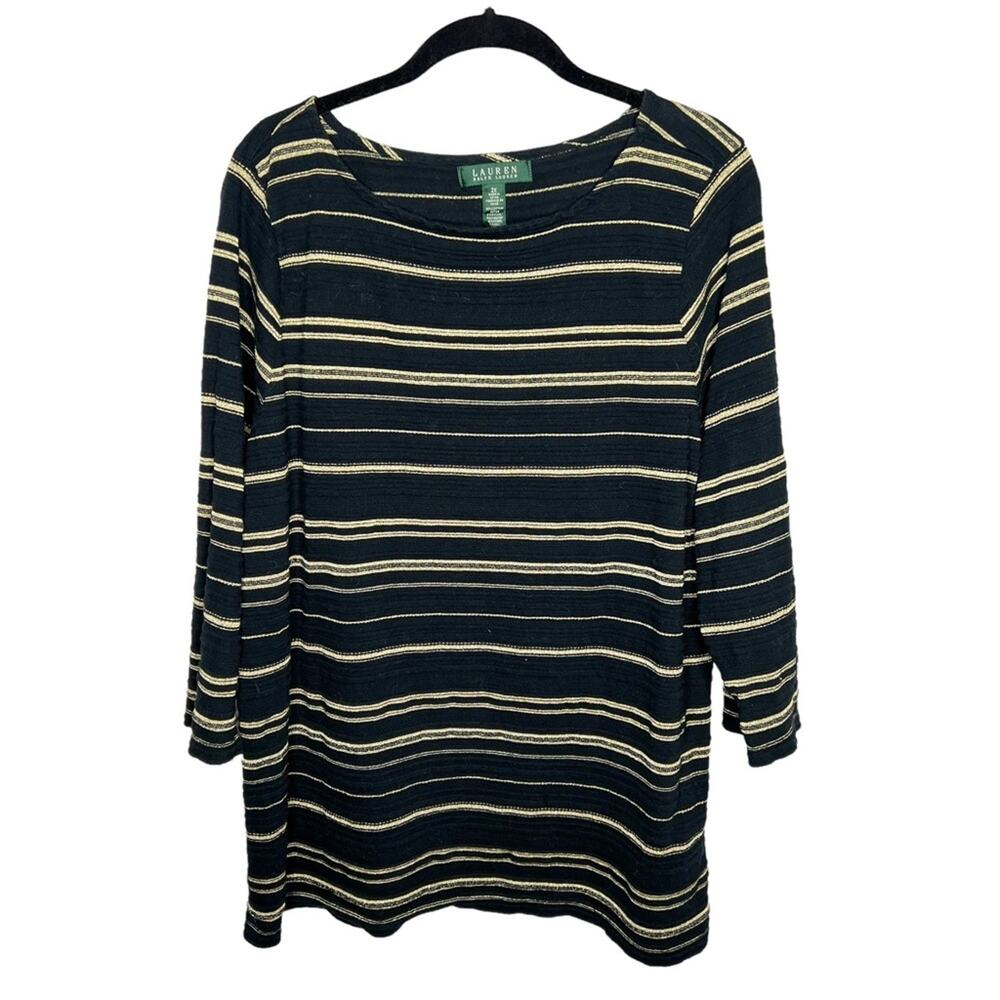 LAUREN RALPH LAUREN / black gold metallic striped long sleeve top / 2X